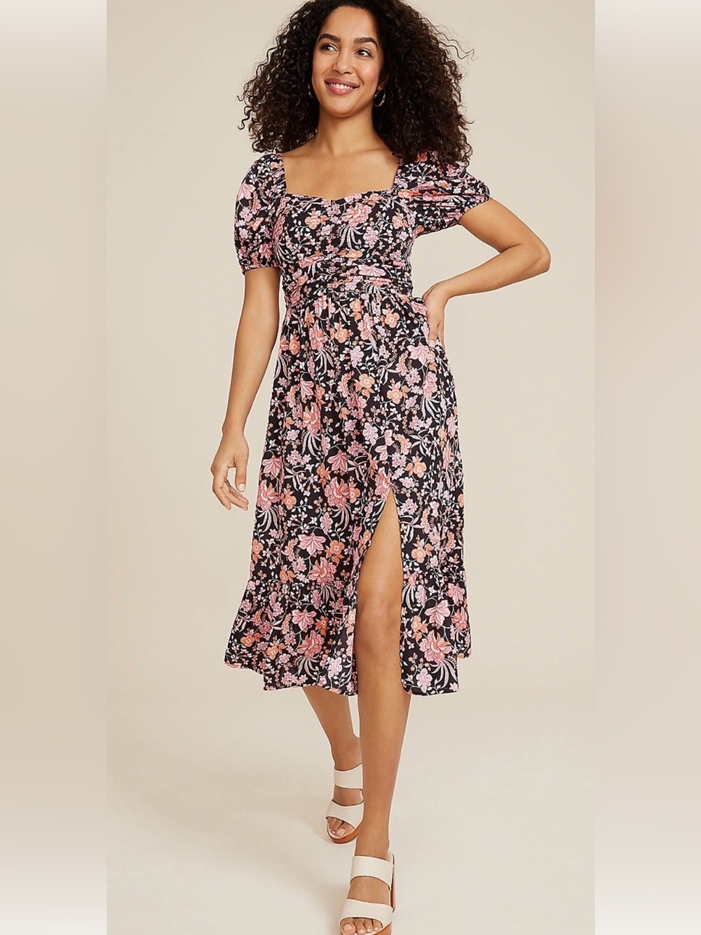 Maurices Boho Y2K Floral Sweetheart Neck Puff Sleeve Midi Dress Pink Black XS